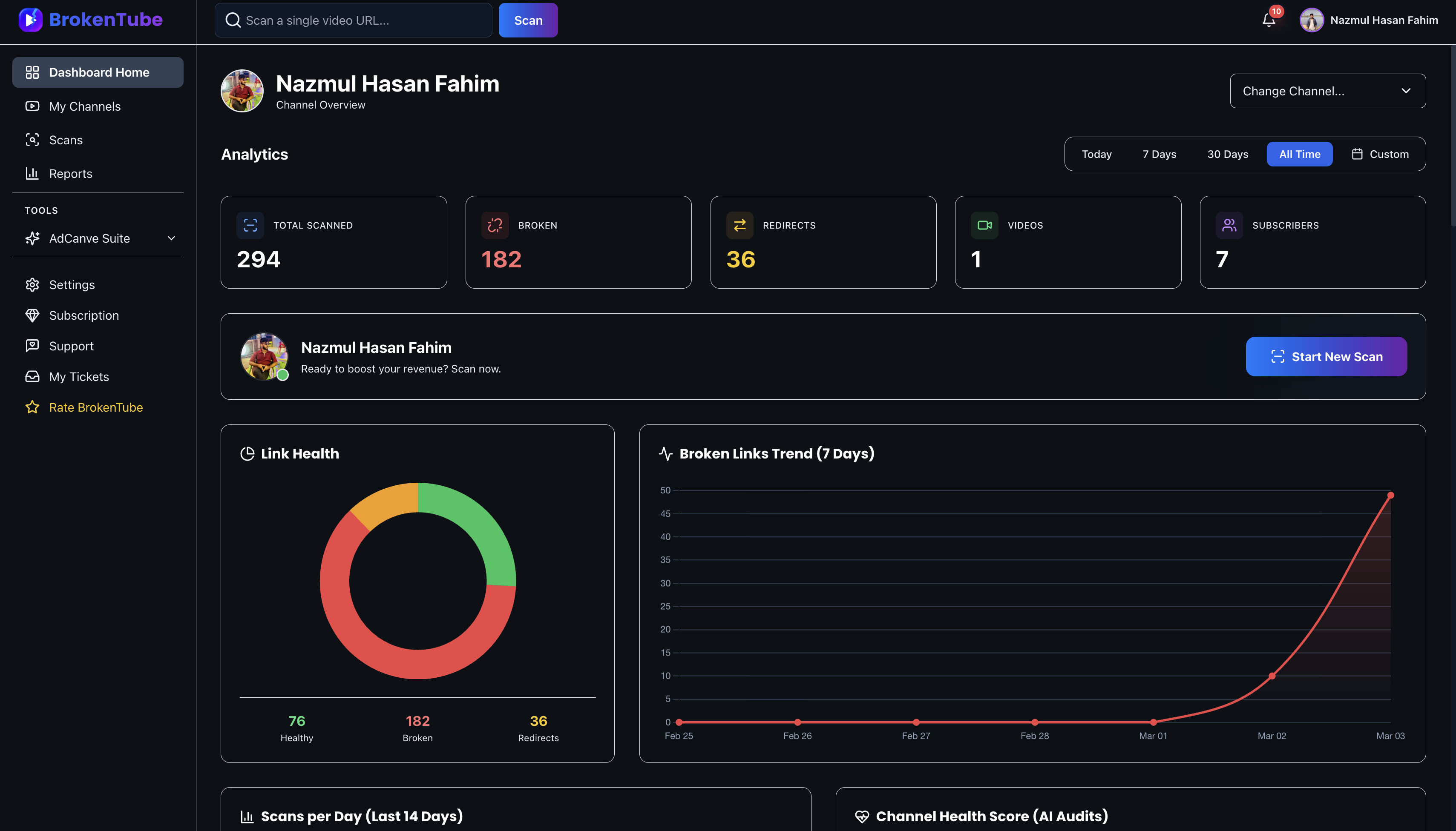 BrokenTube dashboard — link health analytics and broken link tracker